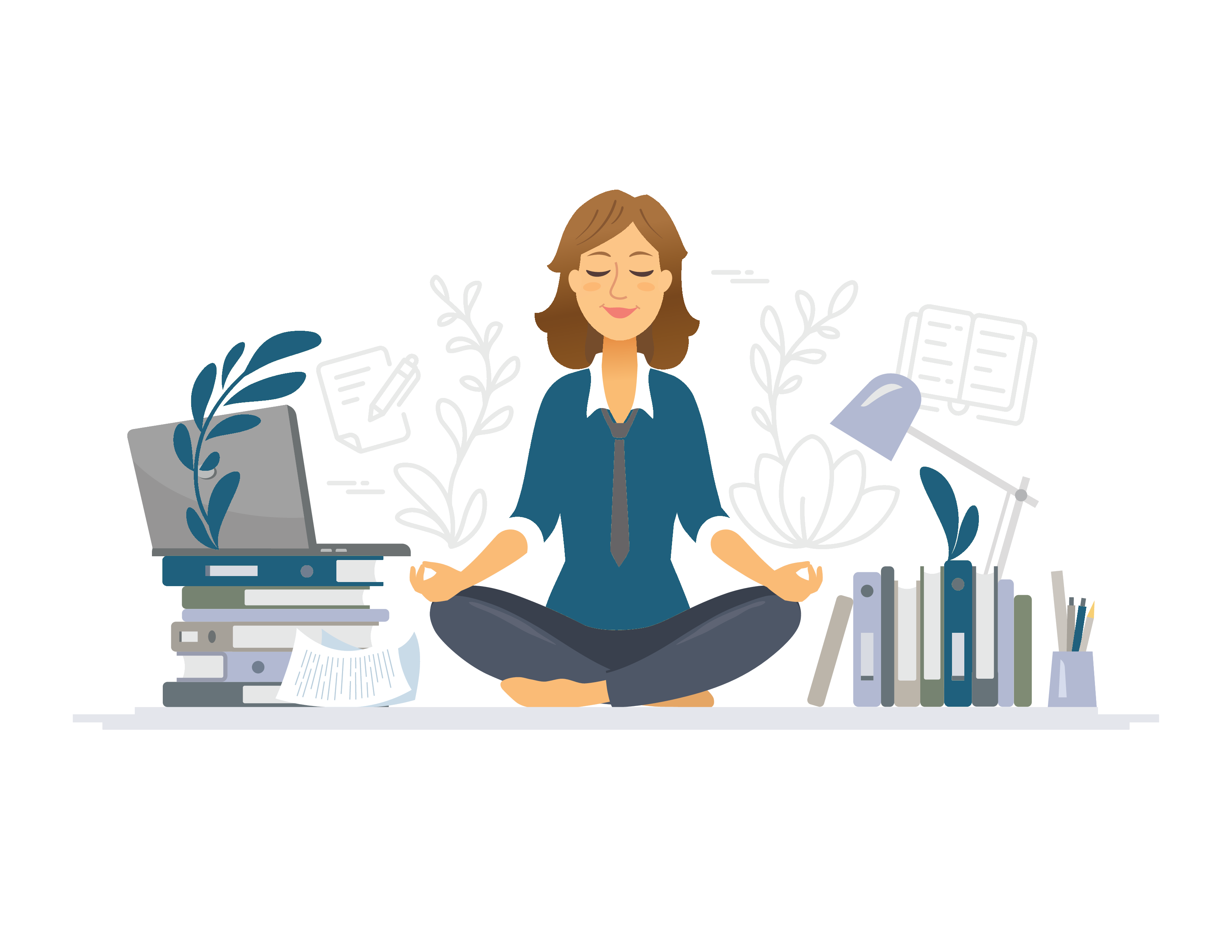 A person centered and calm, surrounded by organized work materials, in control of their tech